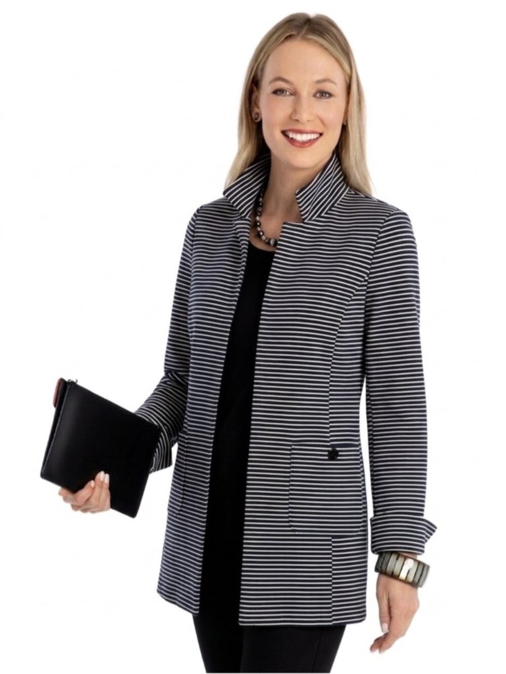 Nina Mclemore Striped Car Coat Size 2 Navy White Business Casual